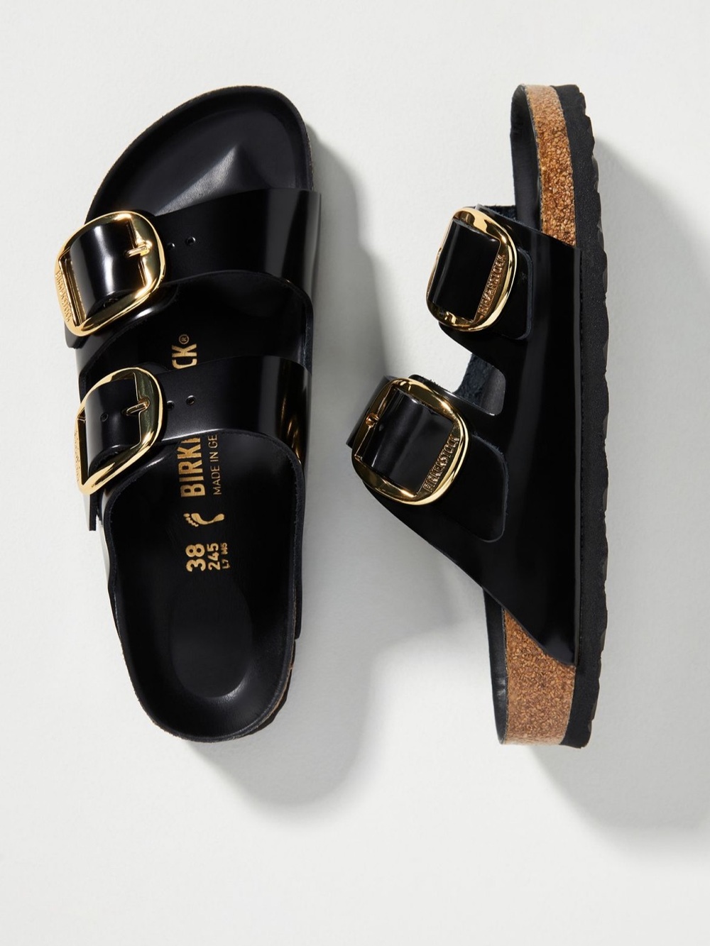 Birkenstock Black Arizona Glossy EVA Sandals with Gold Buckles - Picture 3 of 10